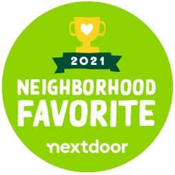 2021 Nextdoor Neighborhood Favorite award badge with gold trophy icon on green background