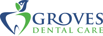 Groves Dental Care logo featuring stylized tooth, leaf, and figure in blue and green.