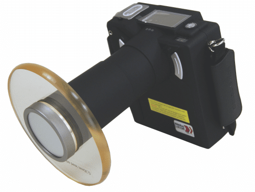 Dental intraoral camera with circular mirror attachment and black control unit displayed on white background.